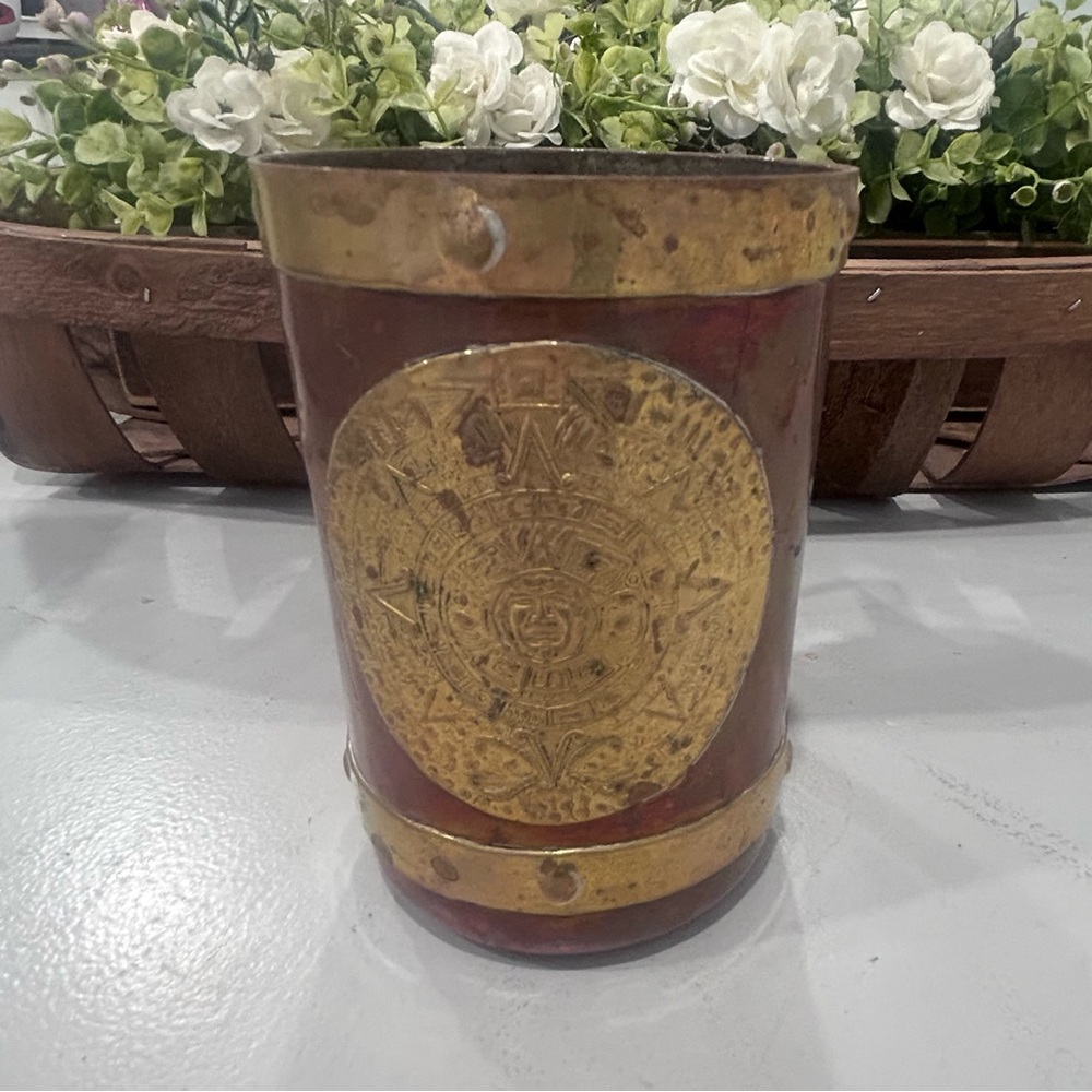 VTG Copper Brass Mug Cup Mexican Aztec Mayan Calendar Some Wear See Pics